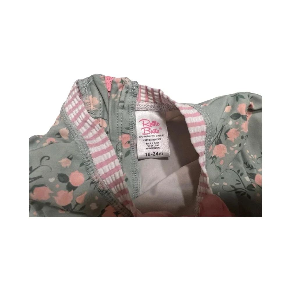 RuffleButts Kids Sage Green Floral Long‎ Sleeve Ruffle One Piece Swimsuit 18-24M
